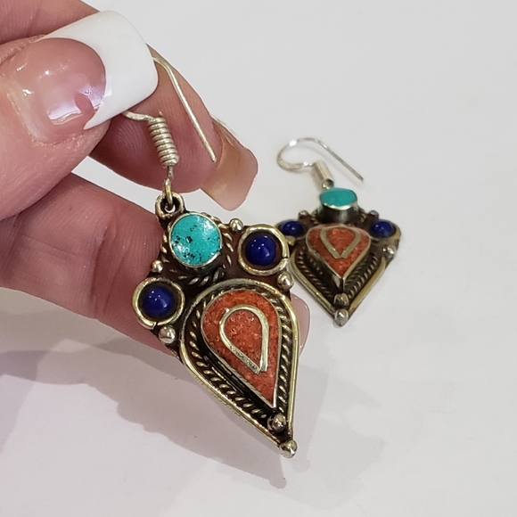 Tibetan Turquoise Lapis Lazuli Gem 925 Drop Earrings - Picture 9 of 12